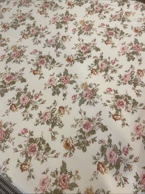 Floral Rose Print Cotton Shower Curtain- Pink, Sage Green on Cream